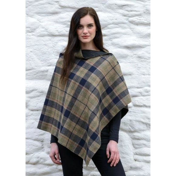 New Made in Ireland Wool Cape Wrap Poncho Black Brown Red Plaid